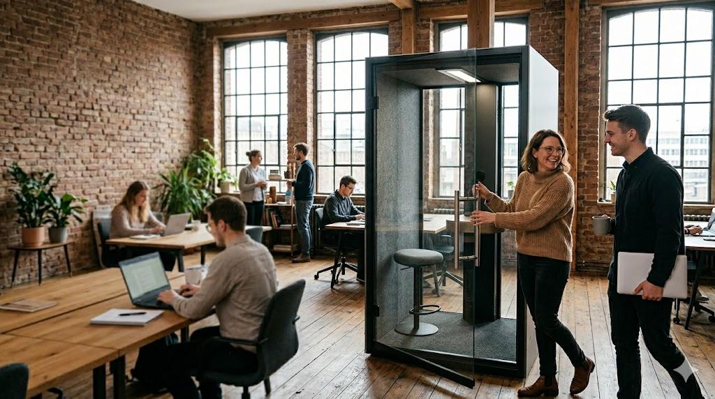 Coworking-Space in einem Backstein-Loft: Eine Frau öffnet eine gläserne Telefonbox, im Hintergrund arbeiten Menschen an Holztischen.