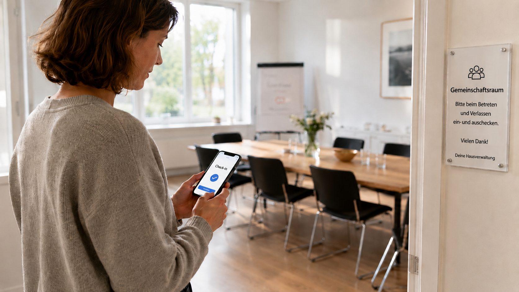 Frau checkt mit einer Smartphone-App in einen buchbaren Gemeinschaftsraum ein