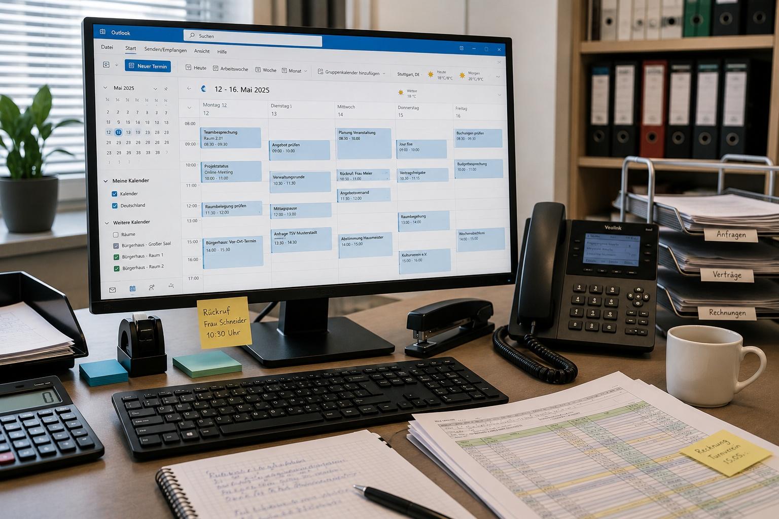 Verwaltungsarbeitsplatz mit Outlook-Kalender auf dem Bildschirm, Telefon, Aktenordnern und handschriftlichen Notizzetteln zur Raumbelegung